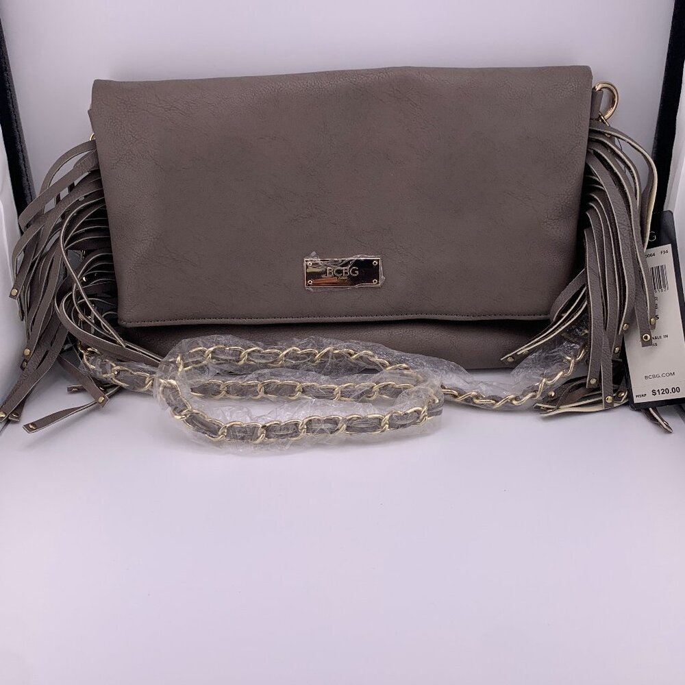 NWT BCBG Paris Taupe Fringe Foldover Crossbody Bag